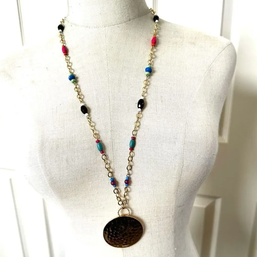 Gold tone colorful beaded pendant necklace